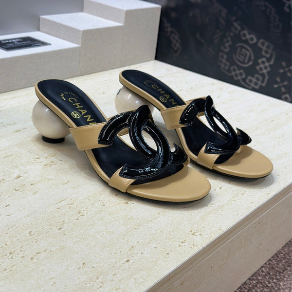 CC 26s Round Toe Open Toe Cutout Sandals 7cm Black Beige in Calfskin 761935