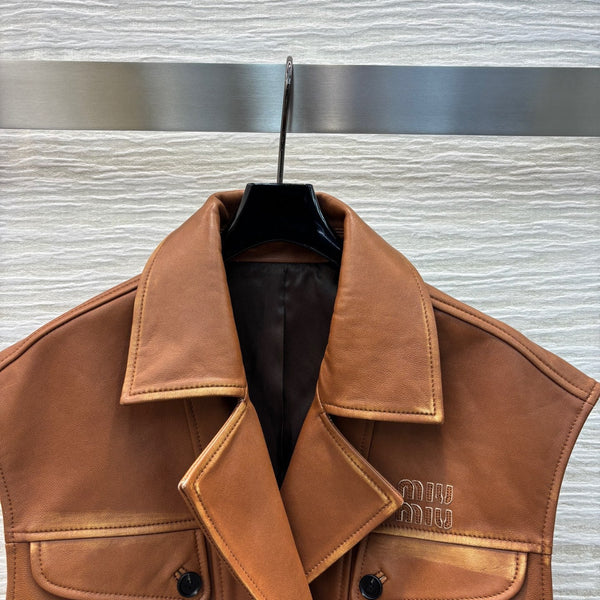 Miu Miu 25 Leather Vest Jacket Brown Lambskin