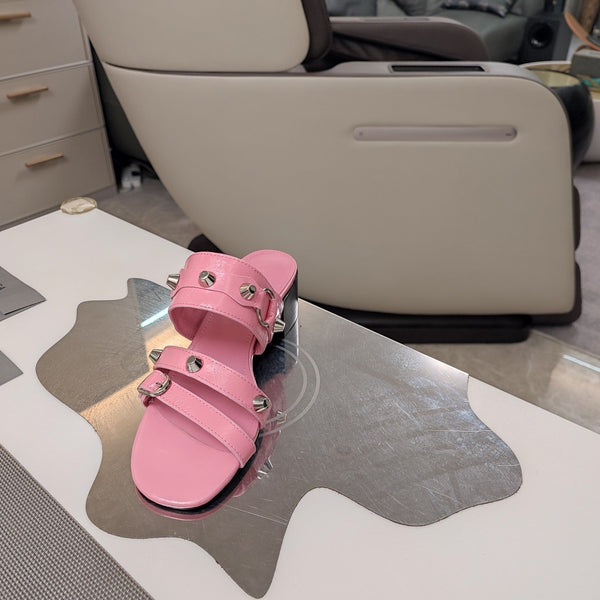 STRAPPY MEDIUM HEELED SANDALS IN WEWAK PINK STUDDED WAX-OIL SHEEPSKIN