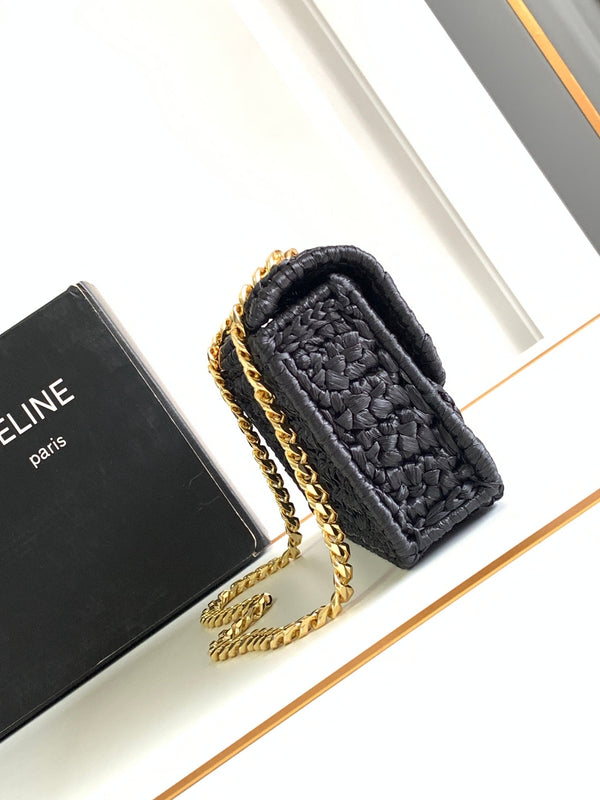 CL Triomphe 20cm Black Raffia Gold Hardware