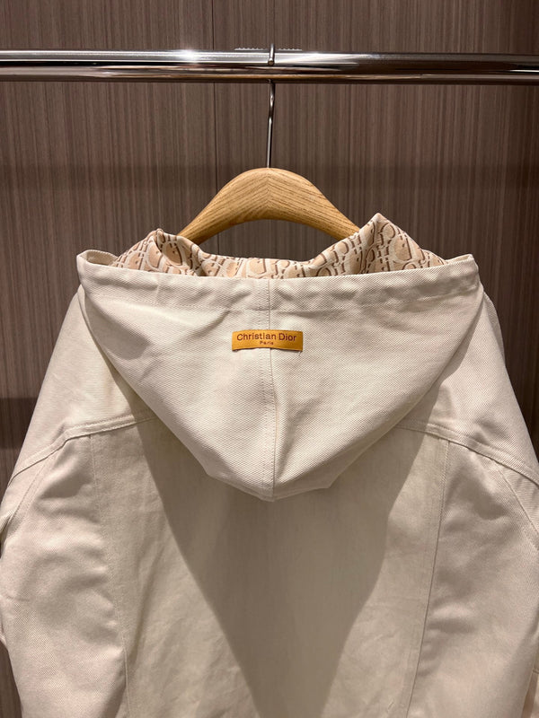 CD Hooded Denim Jacket With Monogram Lining White Beige Cotton