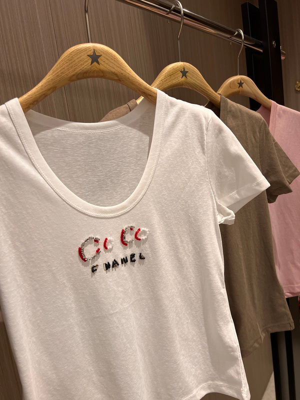 CC Hand-beaded Coco letter U-neck T-shirt Cotton