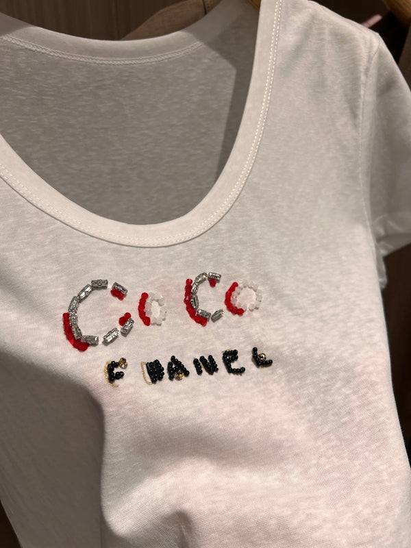 CC Hand-beaded Coco letter U-neck T-shirt Cotton