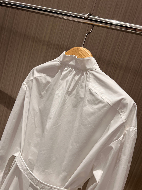 CD Stand-up Collar Long-sleeved Shirt Dress White Cotton