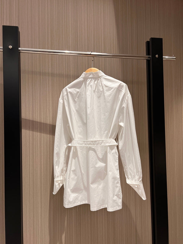 CD Stand-up Collar Long-sleeved Shirt Dress White Cotton