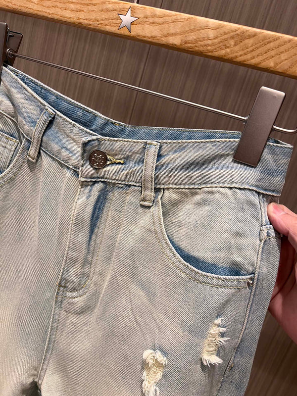 Jeans strappati stampati con doppia C CC in cotone blu chiaro retrò