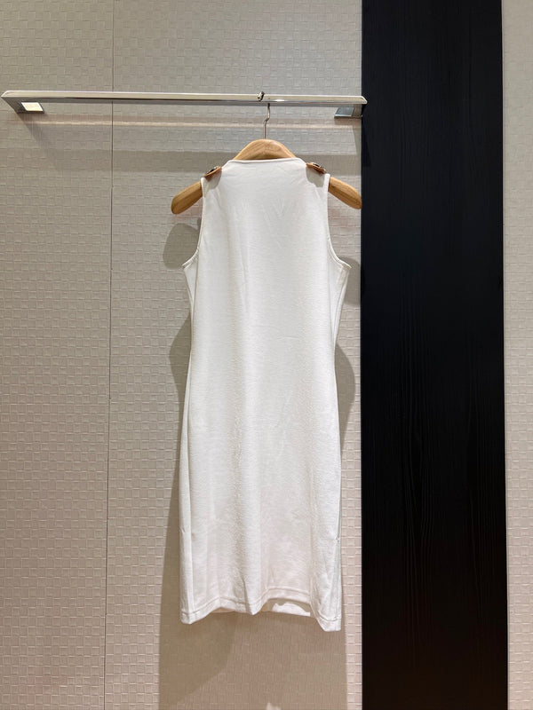 LV Double-Head Zipper Design Slits Dress White Cotton