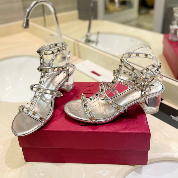 SANDALO ROCKSTUD CON CINTURINO IN VITELLO ARGENTO 60 MM