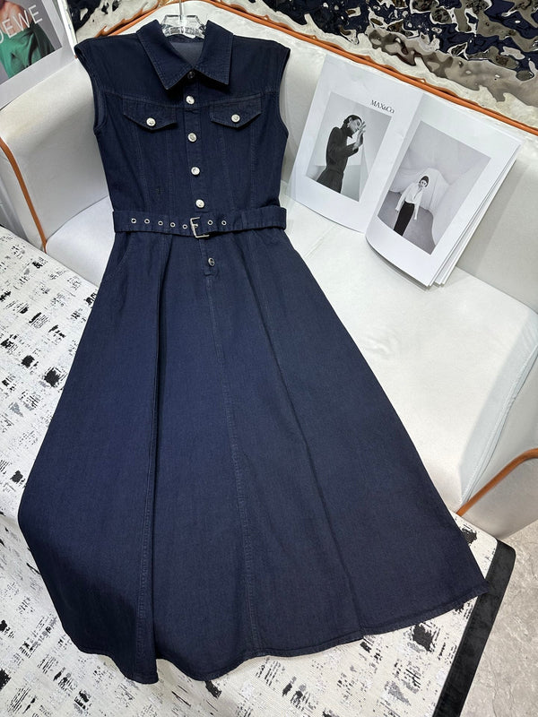 CD 25 Denim Sleeveless Dress Navy Blue and Blue Cotton