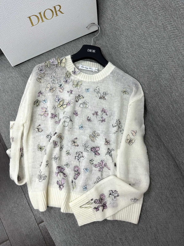 Pull brodé CD ButterflyAlpaga laine Cachemire blanc 345311