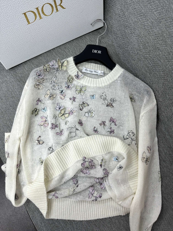 Pull brodé CD ButterflyAlpaga laine Cachemire blanc 345311