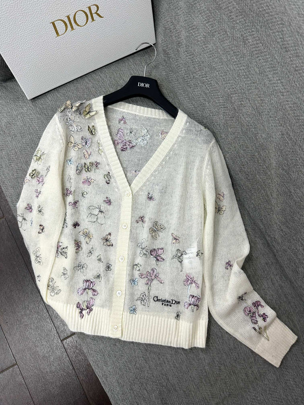 CD Butterfly Embroidered Cardigan White Alpaca Wool Cashmere 345330