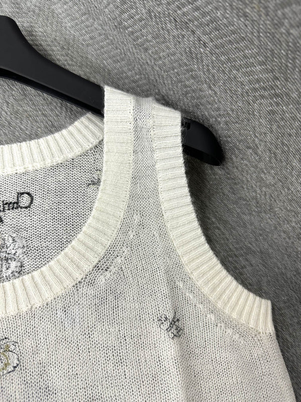 CD Butterfly Embroidered Vest White Alpaca Wool Cashmere 345333