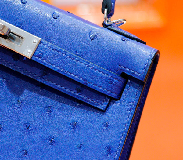 HM Mini Kelly 19cm Greek Blue Ostrich Silver Hardware