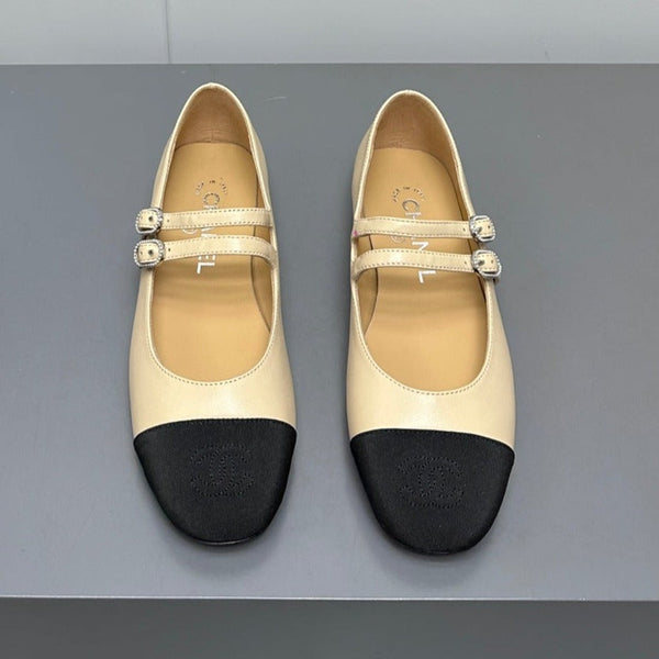 mary jane double strap beige calfskin black grosgrain
