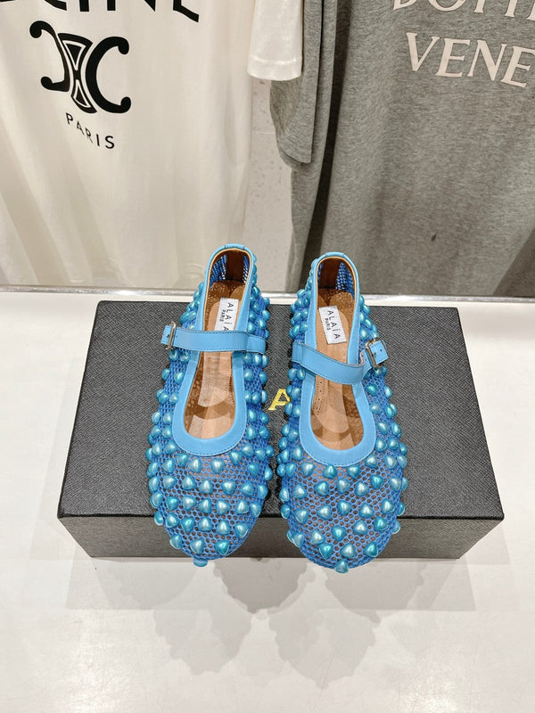 SCARPE MARY JANE ALAIA PEARL IN RETE BLU CERULEO E PELLE DI VITELLO