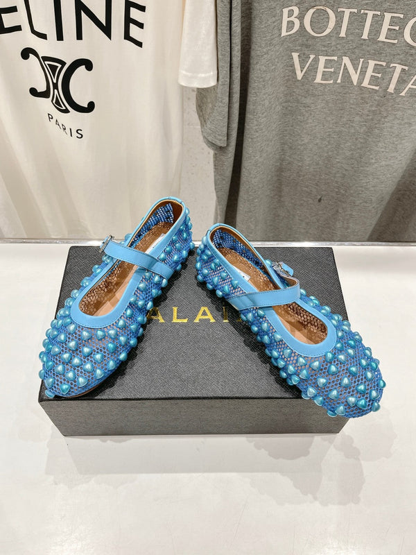 SCARPE MARY JANE ALAIA PEARL IN RETE BLU CERULEO E PELLE DI VITELLO