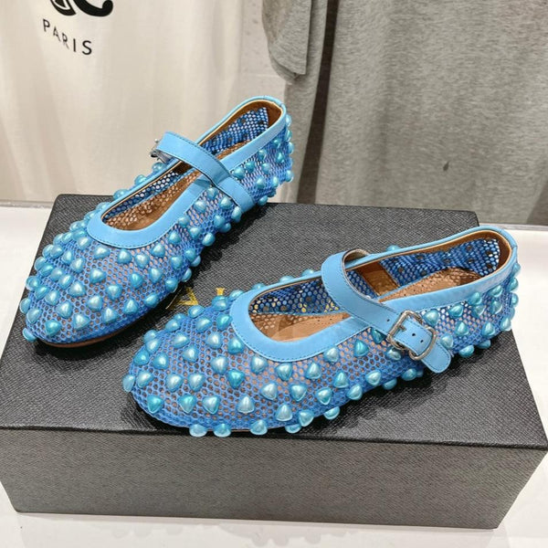 SCARPE MARY JANE ALAIA PEARL IN RETE BLU CERULEO E PELLE DI VITELLO