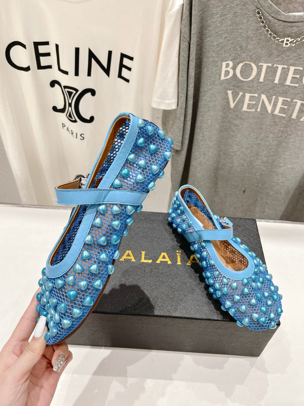 SCARPE MARY JANE ALAIA PEARL IN RETE BLU CERULEO E PELLE DI VITELLO