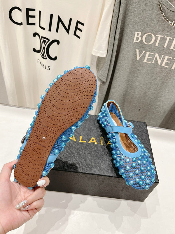 SCARPE MARY JANE ALAIA PEARL IN RETE BLU CERULEO E PELLE DI VITELLO