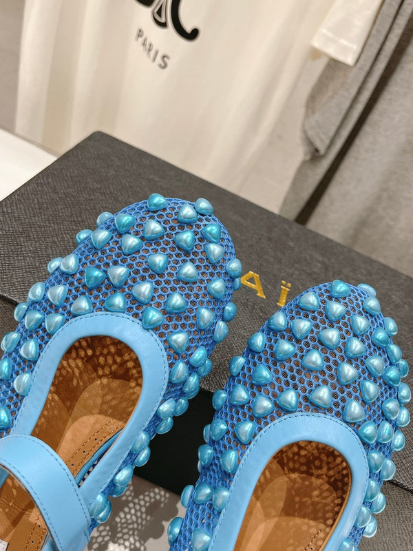 SCARPE MARY JANE ALAIA PEARL IN RETE BLU CERULEO E PELLE DI VITELLO