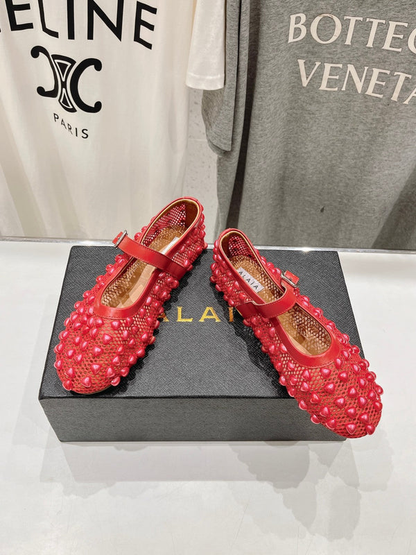 SCARPE MARY JANE ALAIA PEARL IN RETE ROSSO CILIEGIA E PELLE DI VITELLO