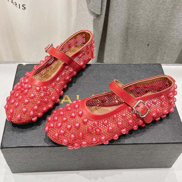 SCARPE MARY JANE ALAIA PEARL IN RETE ROSSO CILIEGIA E PELLE DI VITELLO