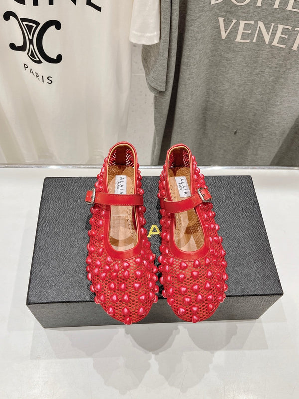 SCARPE MARY JANE ALAIA PEARL IN RETE ROSSO CILIEGIA E PELLE DI VITELLO