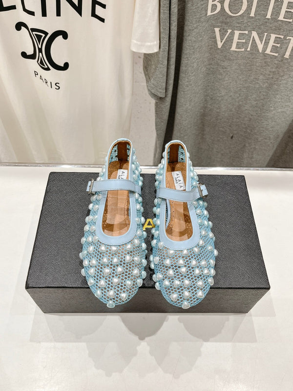 SCARPE MARY JANE ALAIA PEARL IN RETE AZZURRA E PELLE DI VITELLO