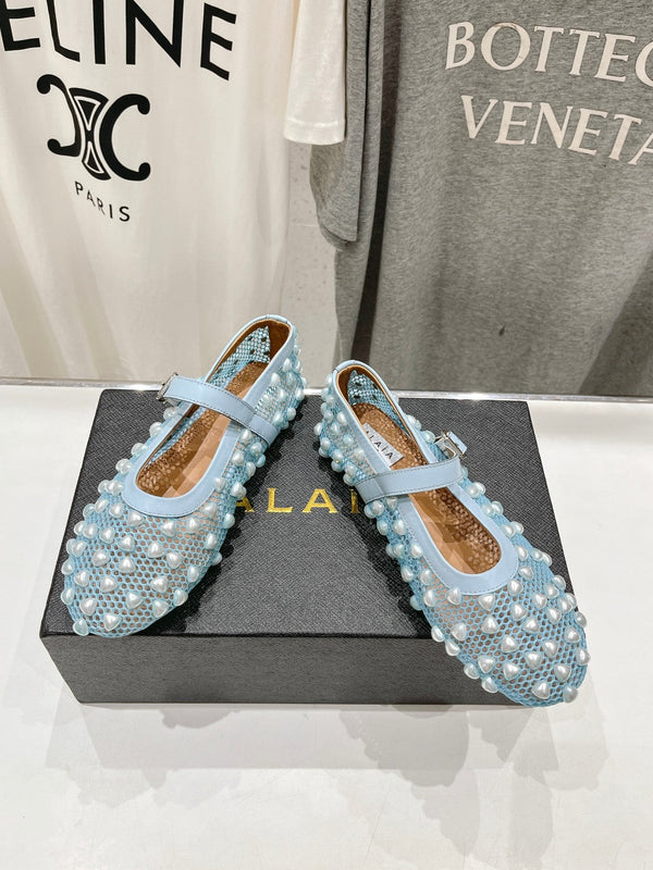 SCARPE MARY JANE ALAIA PEARL IN RETE AZZURRA E PELLE DI VITELLO