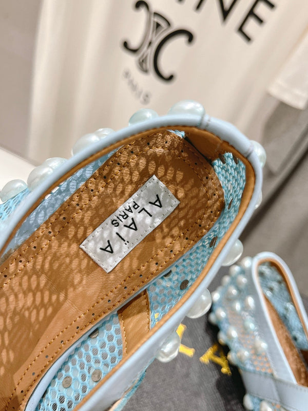 SCARPE MARY JANE ALAIA PEARL IN RETE AZZURRA E PELLE DI VITELLO
