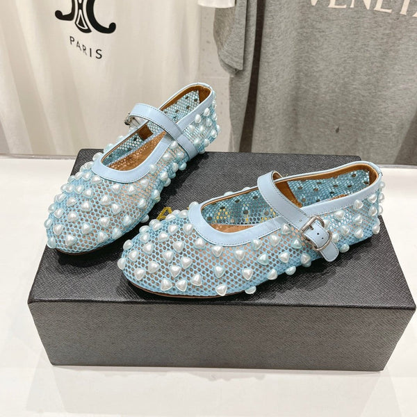 SCARPE MARY JANE ALAIA PEARL IN RETE AZZURRA E PELLE DI VITELLO