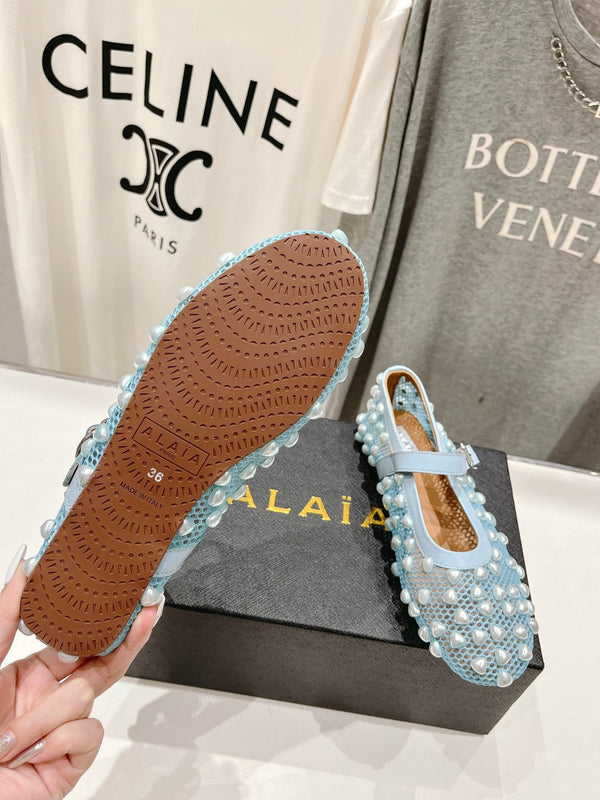SCARPE MARY JANE ALAIA PEARL IN RETE AZZURRA E PELLE DI VITELLO