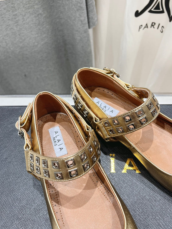 Alaila Biker Ballet Flats In Gold Cowhide 911444