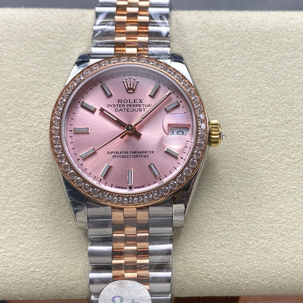 Datejust 31mm in oro rosa, acciaio, lunetta con diamanti, quadrante rosa