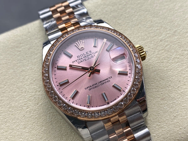 Datejust 31mm in oro rosa, acciaio, lunetta con diamanti, quadrante rosa