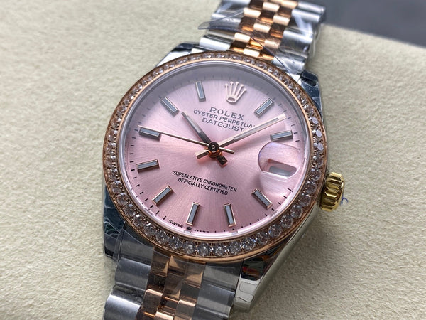 Datejust 31mm in oro rosa, acciaio, lunetta con diamanti, quadrante rosa