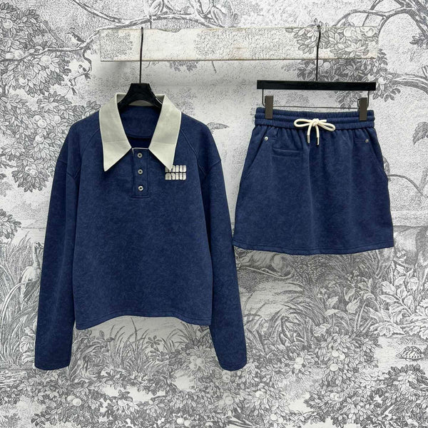 Miu Miu 25 Skirt Suit Blue Cotton