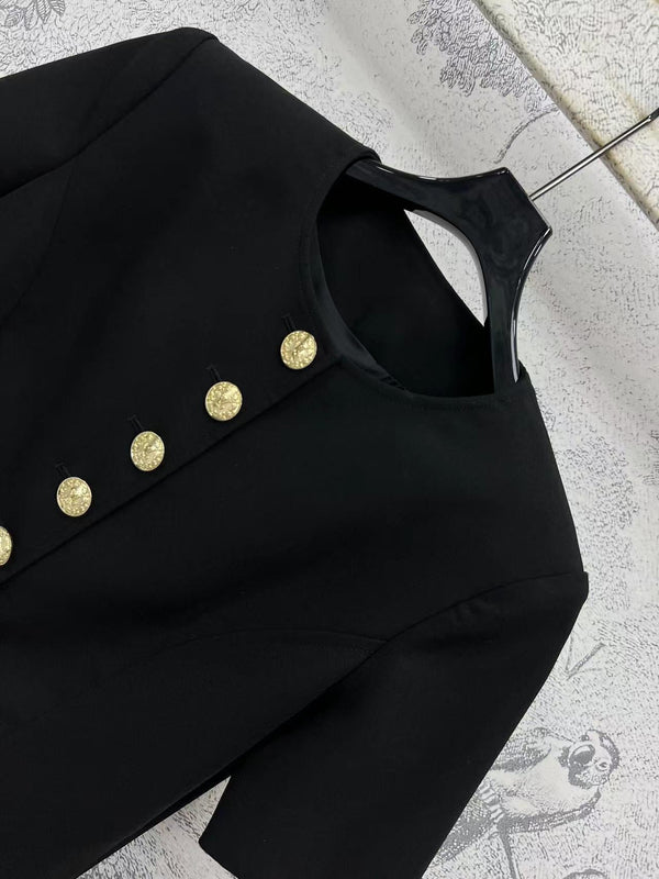 LV 25 Round-Neck Logo Metal Buttoned Dress Black Poliester