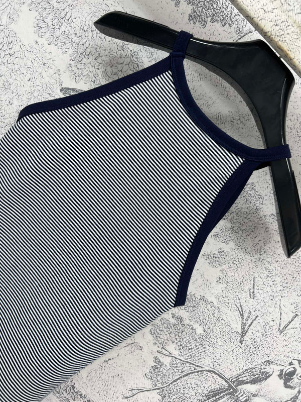 Celine 25 Embroidered Logo Striped Small Vest Navy Blue mix White Cotton