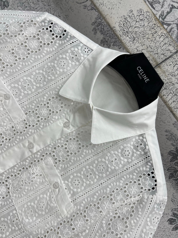 Celine 25 Lace Short Shirt White Cotton