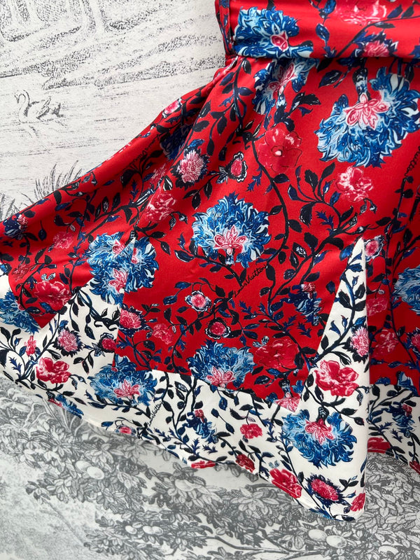 LV 25 Retro Floral Pattern Suspender Flower Dress Red Poliester