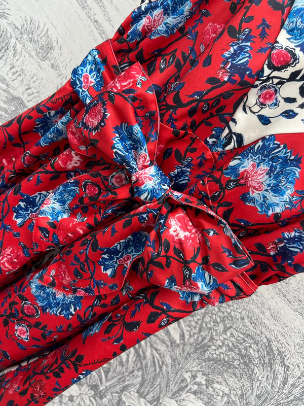 LV 25 Retro Floral Pattern Suspender Flower Dress Red Poliester