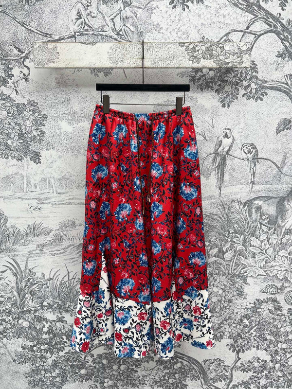 LV 25 Elastic Waist Old Flower Leather Skirt Red Poliester