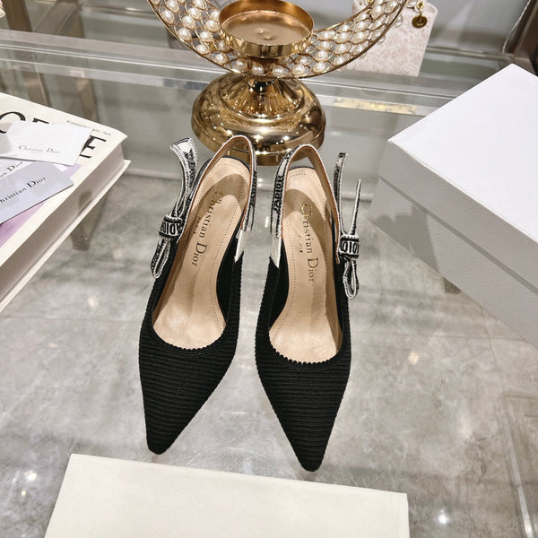 décolleté cd slingback 95 nere con nastro in cotone ricamato