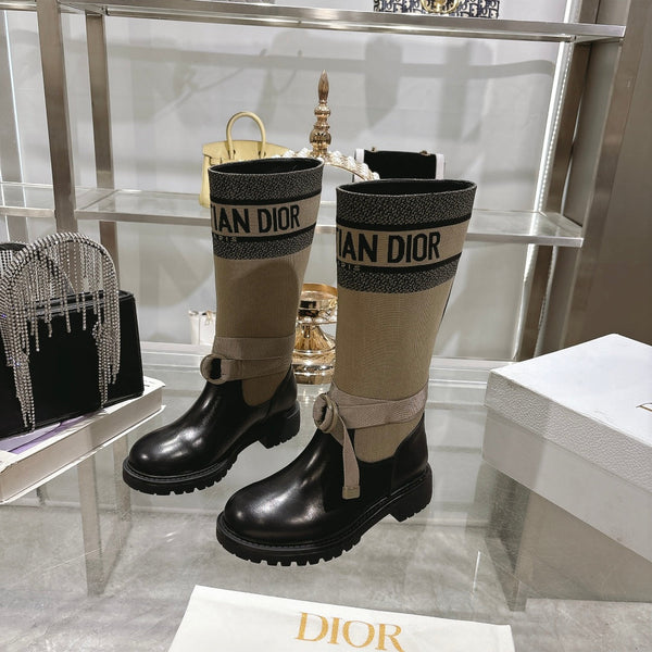CD D-Major Boot Taupe Mix Black Calfskin And Denim Fabric