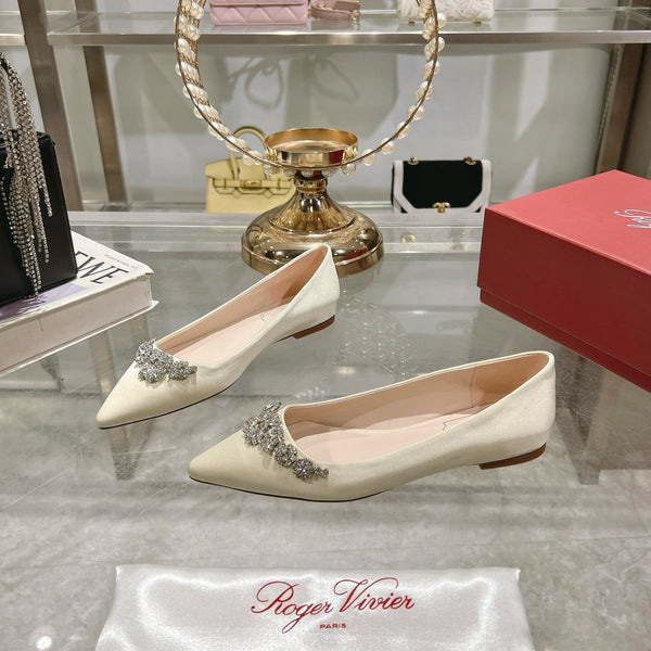 Viv 25 Crystal Diamond Buckle Flats Beige Silk Satin 235393