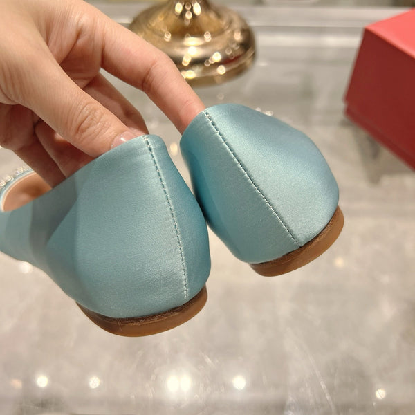 Viv 25 Crystal Diamond Buckle Flats Blue Silk Satin 235394