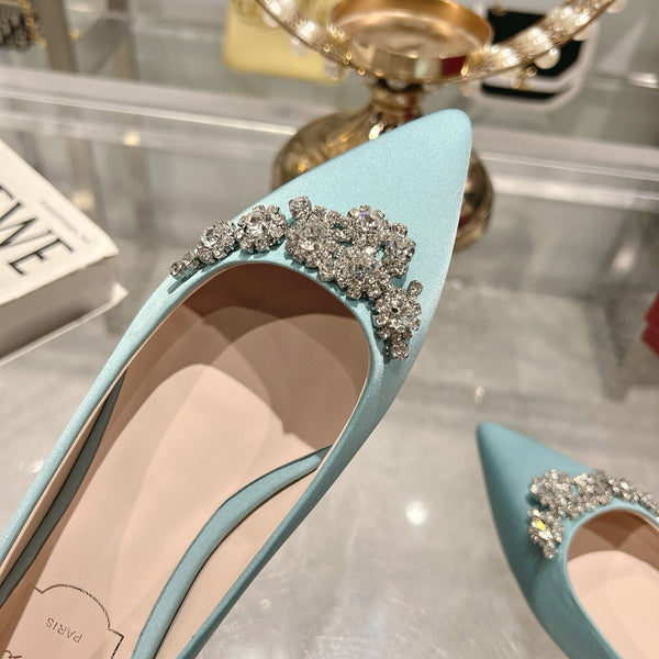 Viv 25 Crystal Diamond Buckle Flats Blue Silk Satin 235394
