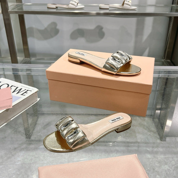 Miu 25C Slippers Gold Leather 235285